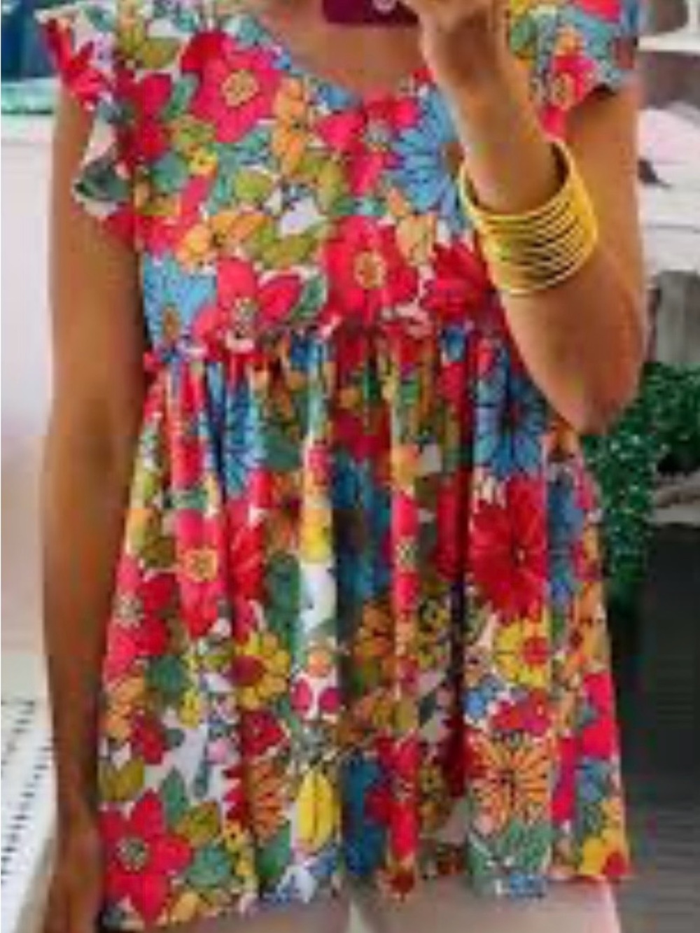 Umgee Floral Ruffle Sleeve Casual top- Red, Blue, Yellow, Green